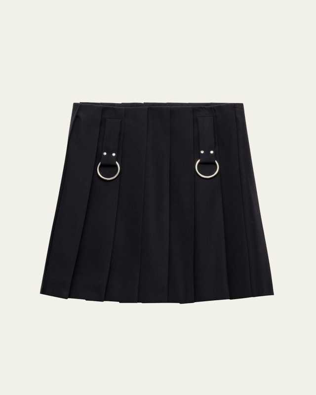 Pleated Metal Ring Mini Wool Skirt